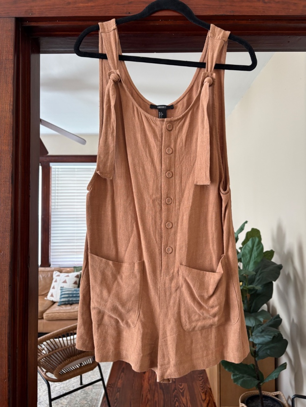 Camel Brown Button-Front Overall Romper